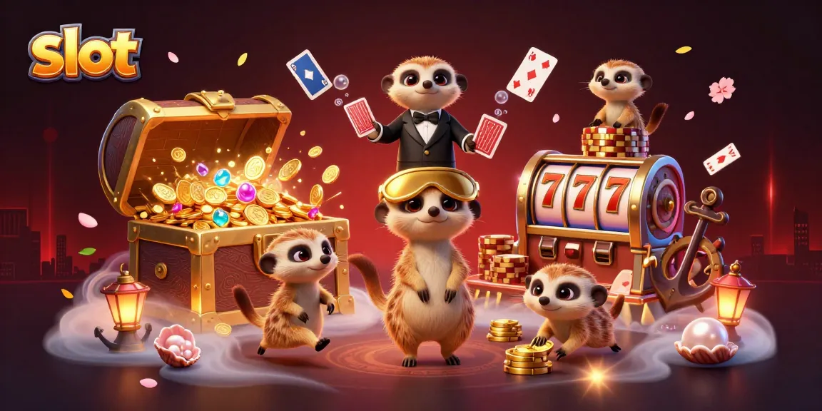 Experience thrilling slot gameplay as meerkats operate a casino, showcasing vibrant jewels and spinning reels.