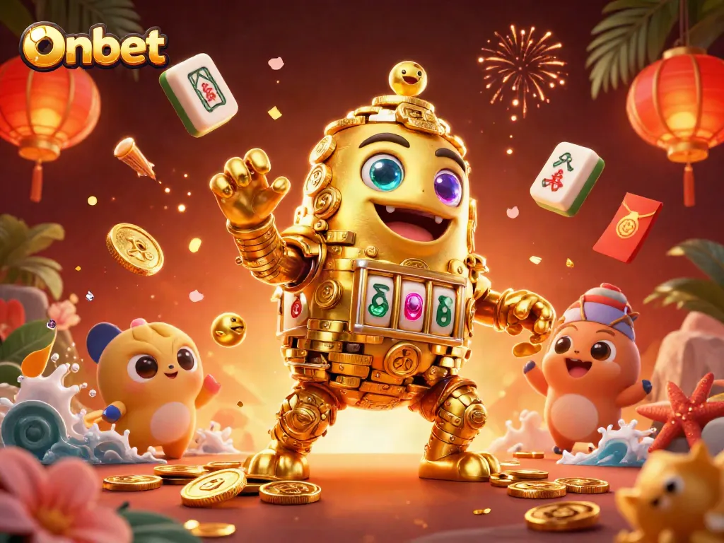 Engage with Onbet's vibrant 3D casino scene, featuring a golden golem and festive gaming elements.
