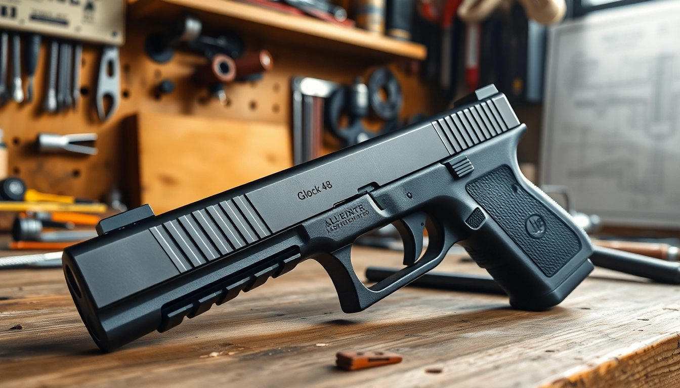 Showcase of glock 48 mos slide complete with detailed craftsmanship on a workshop bench.