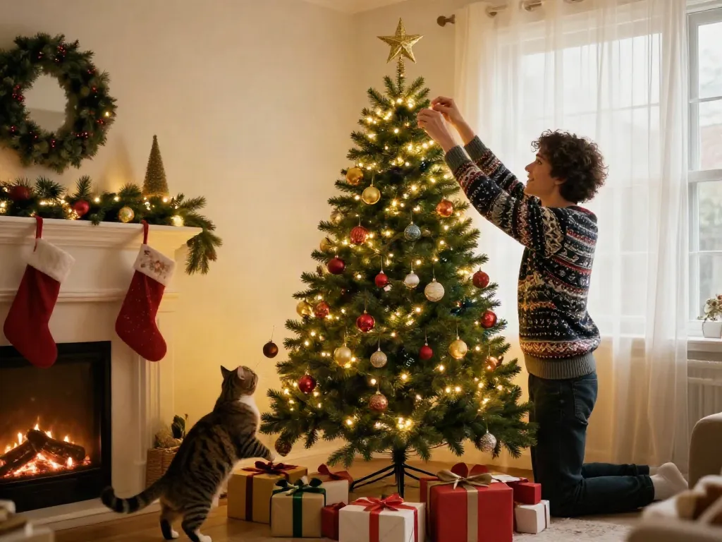 Joyful person decorating a skinny Christmas tree in a cozy living room.