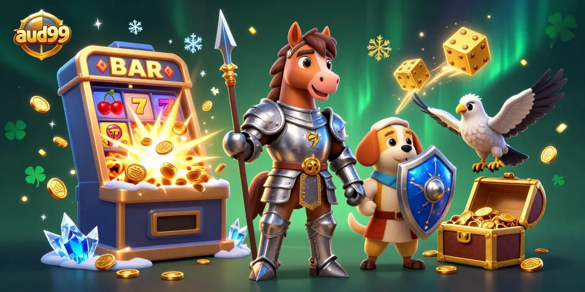 Join the fun at aud99 casino with vibrant slots, lucky symbols, and a playful medieval scene.