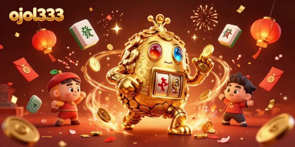 Experience the vibrant world of ojol333 with a golden golem, mahjong tiles, and festive elements!