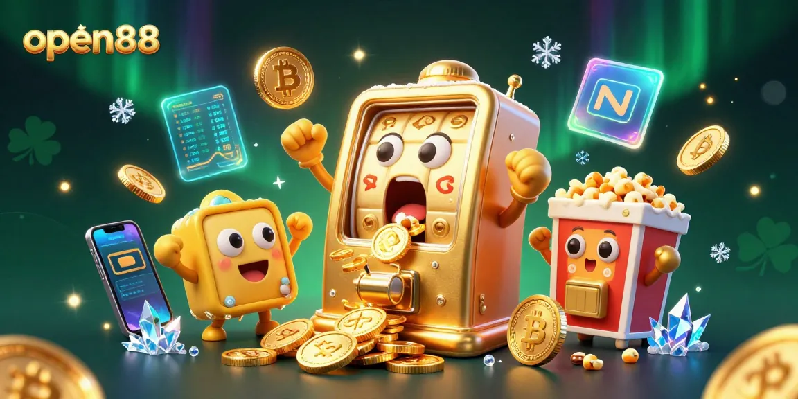Experience big wins at open88 with a cartoon slot machine in action, coins cascading everywhere.