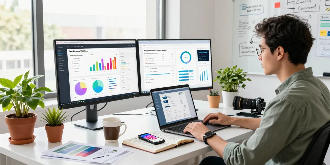 Data analyst reviewing Instagram your algorithm metrics in a modern workspace with multiple monitors and strategic notes.