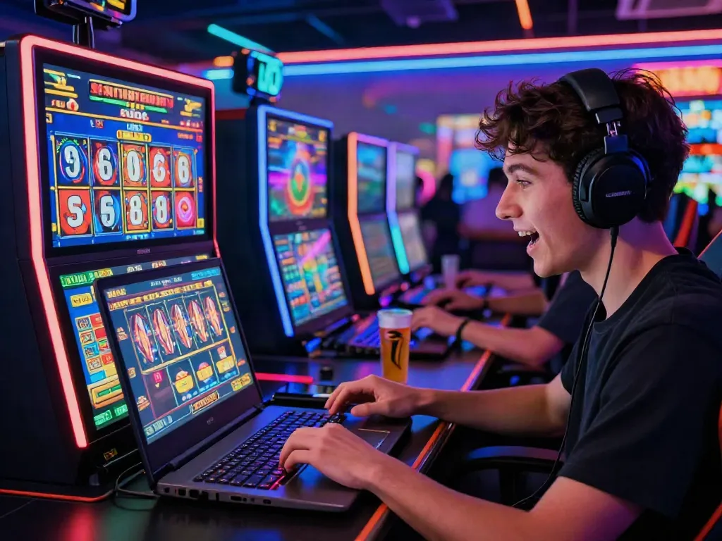 Engaged player experiencing the thrill of online slot gaming on a laptop amid vibrant graphics and a digital casino atmosphere.