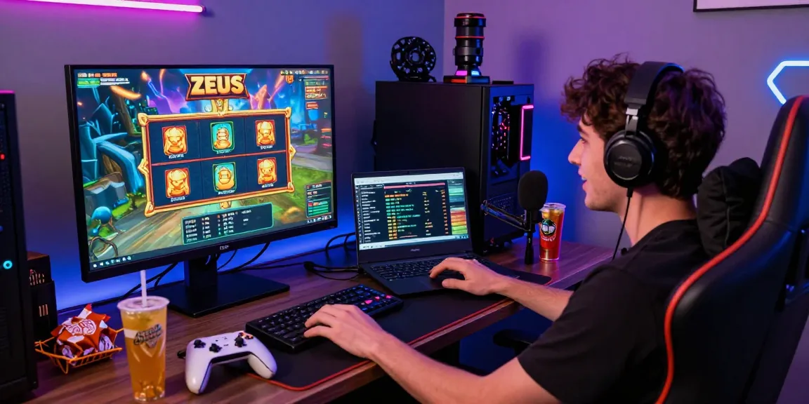 Player engaged in slot zeus gaming on a vibrant screen with neon lights and energetic atmosphere.