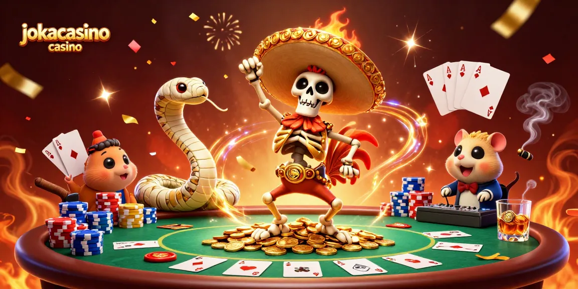 Victory dance with jokacasino casino character trio amidst poker excitement and golden coins.