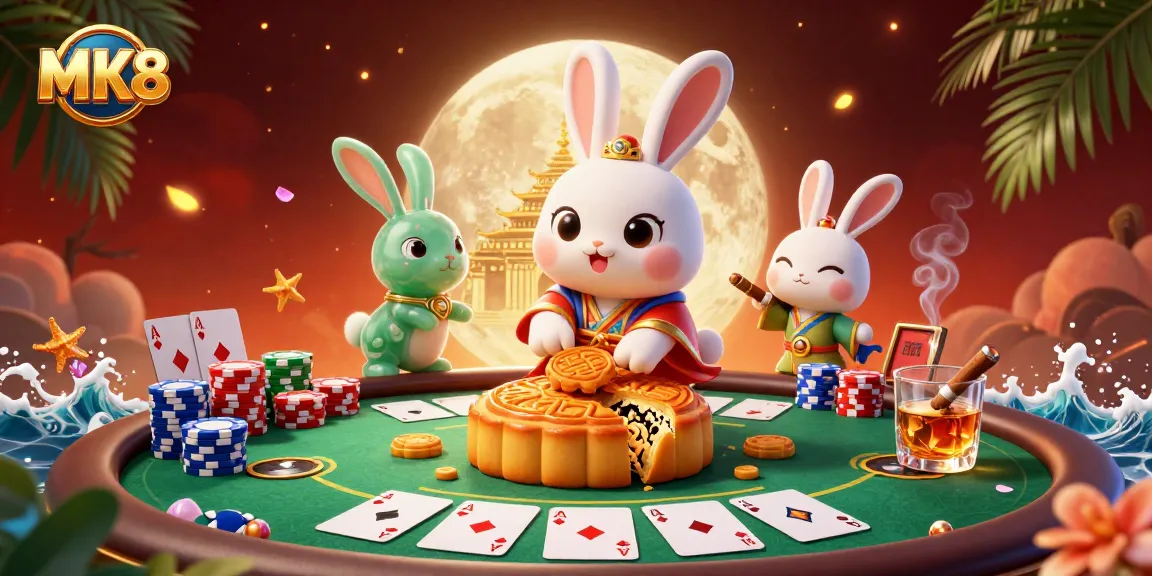 Experience MK8's thrilling atmosphere with a lively moon rabbit pounding mooncakes revealing poker chips.