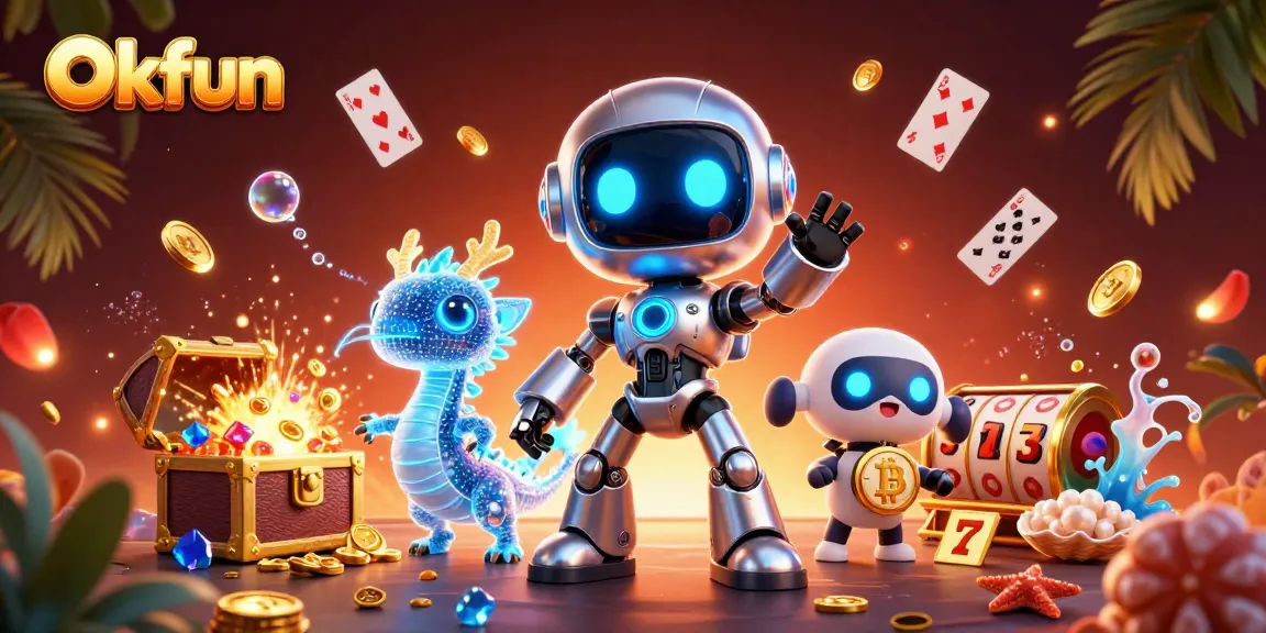 Okfun engages players with thrilling casino adventures featuring gold coins, colorful gems, and game elements.