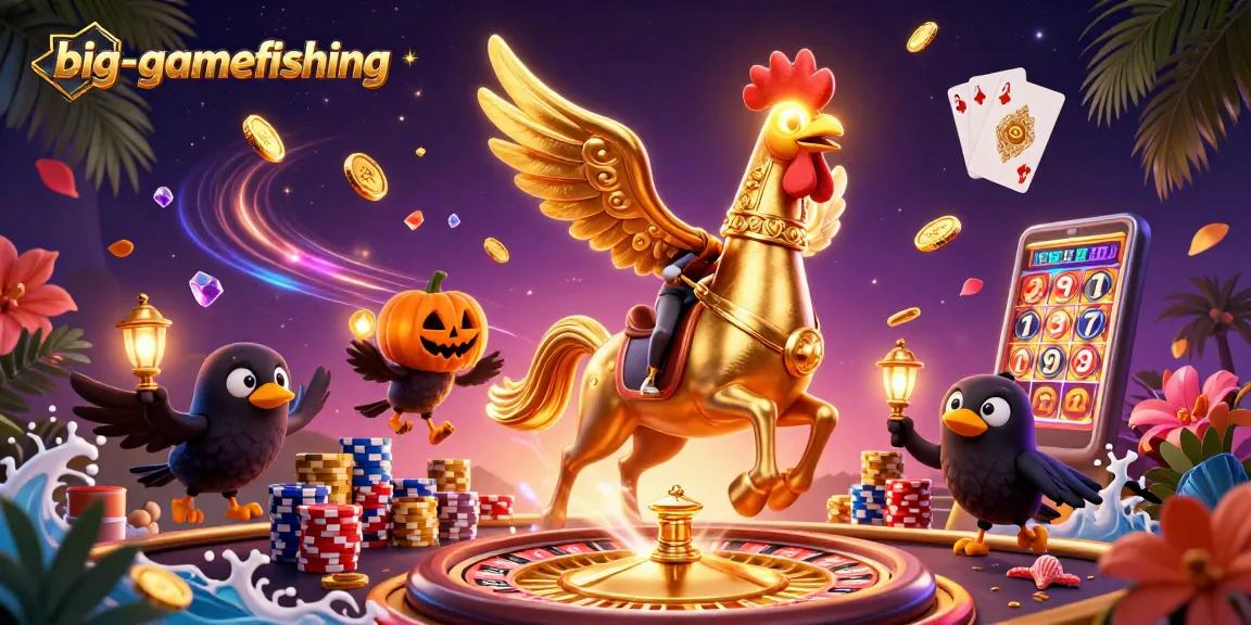 Experience big-gamefishing thrills with a golden rooster and dazzling casino elements.