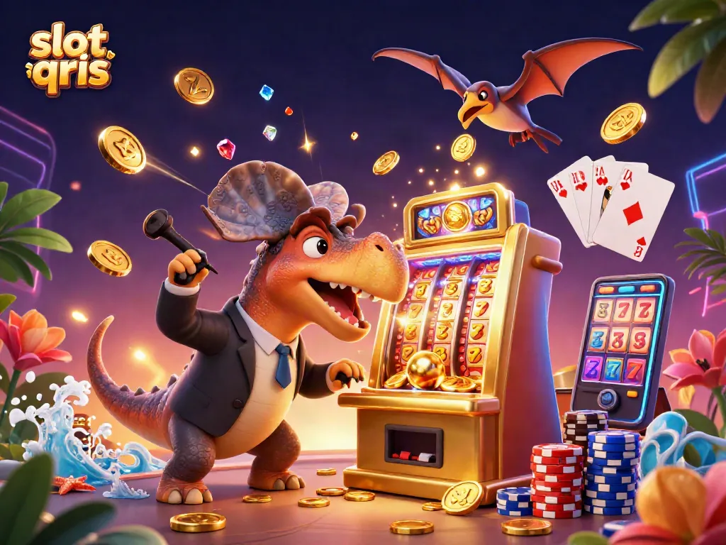 Experience the excitement of slot qris with a dinosaur-themed jackpot scene filled with golden coins and vibrant casino elements.