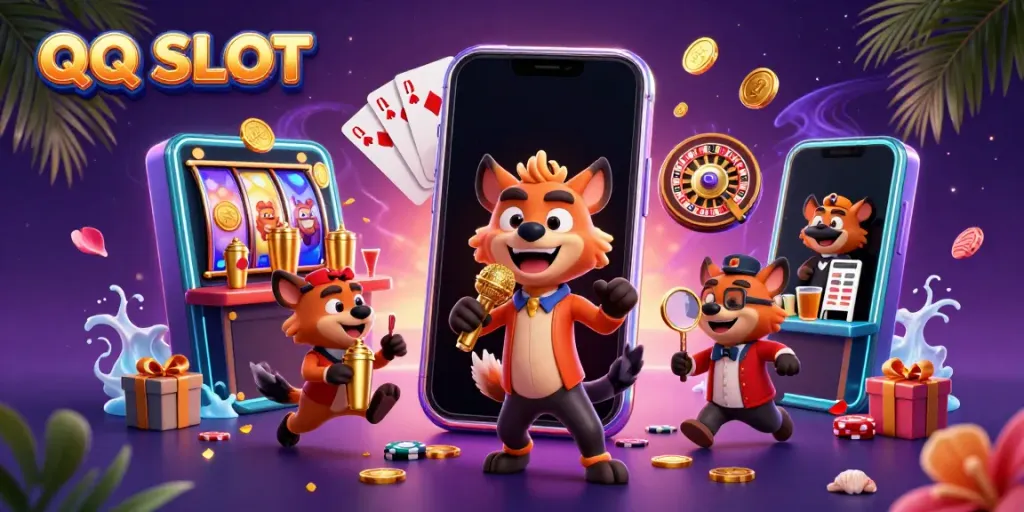 Experience the excitement of QQ SLOT in a vibrant 3D casino scene with hyena characters and animated game elements.