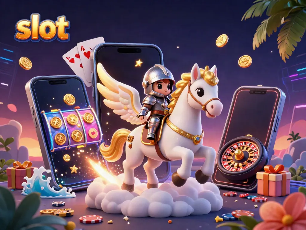 Menangkan slot dengan kuda bersayap dan karakter kesatria, dikelilingi elemen kasino menarik.