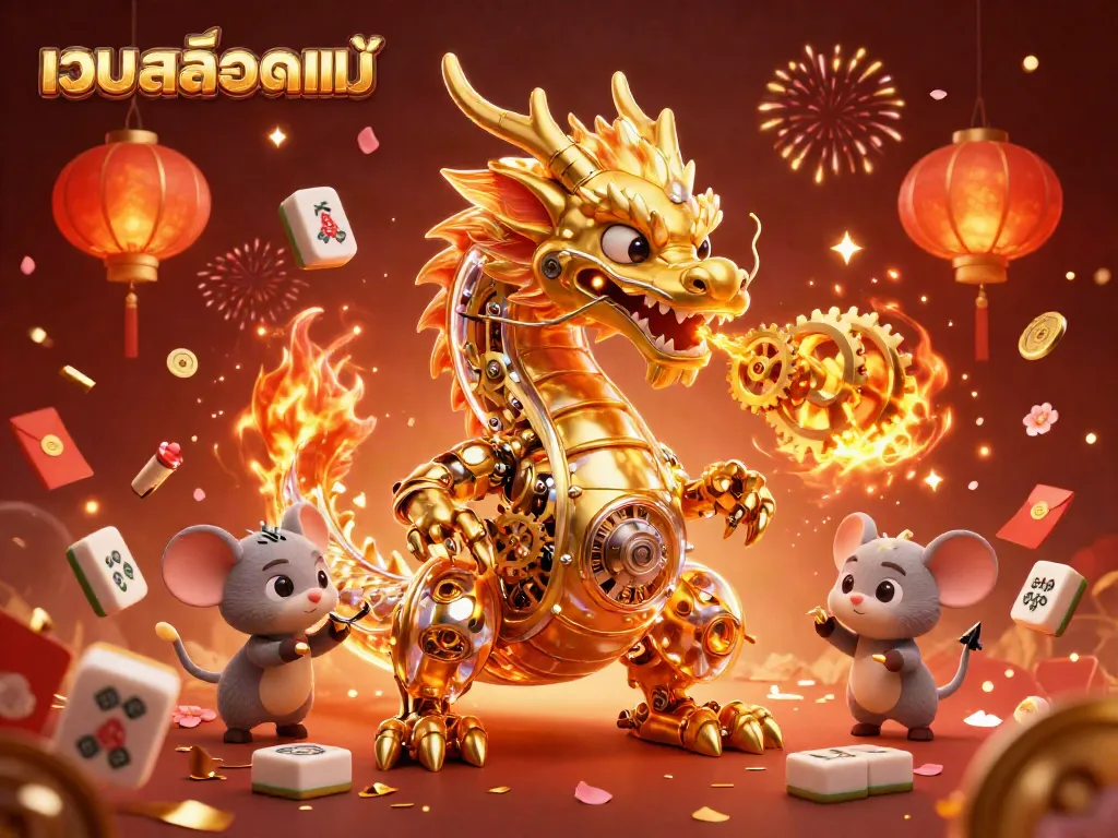 Visualize 웹สล็อตแท true with a golden dragon and rich gaming elements in a vibrant casino setting.