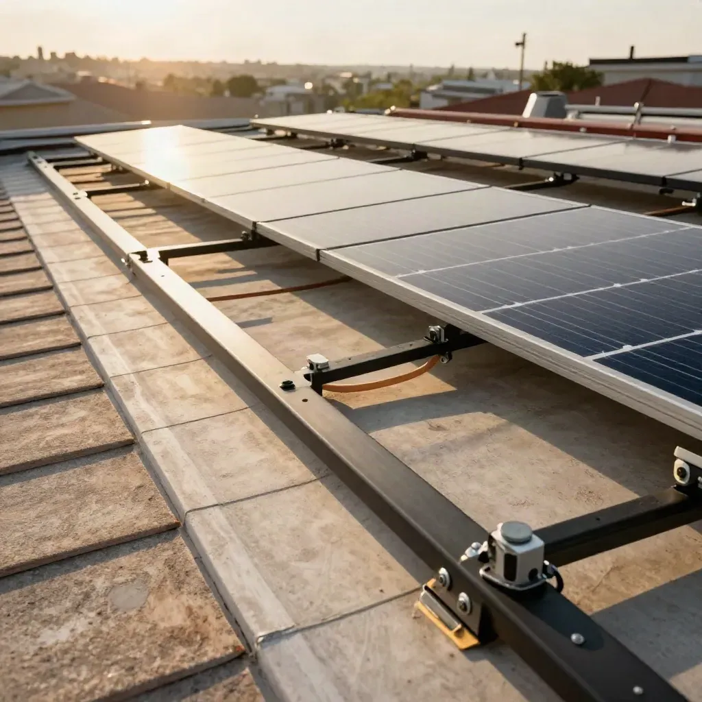 Partially installed rooftop solar array with rails, cables, and an open panel bay in warm afternoon light.