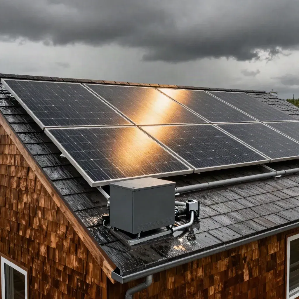 Wet cedar roof with solar array, battery cabinet and glowing sunbreak after spring storm