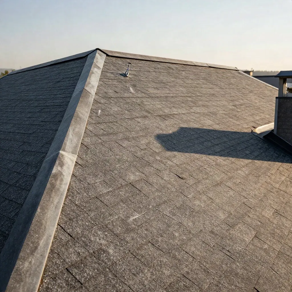 Roof solar check on a pitched roof with chalked array outline, sample shingles, and a roof anchor.
