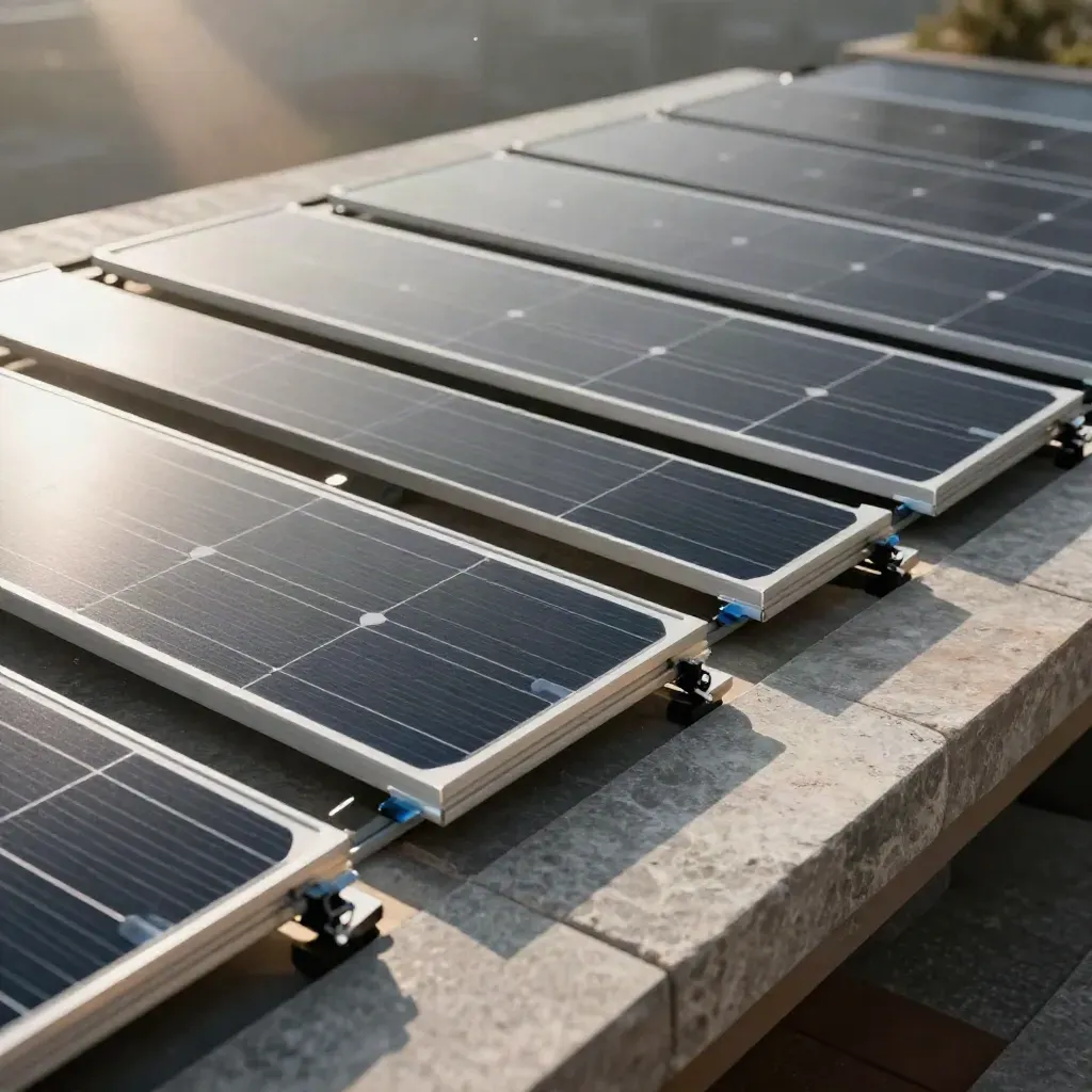 Solar panel layout on stone surface with rails and spacer blocks in warm daylight.
