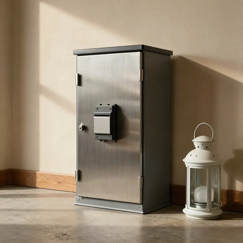 Macro of a home battery cabinet, transfer switch, conduit, and lantern by a utility wall.