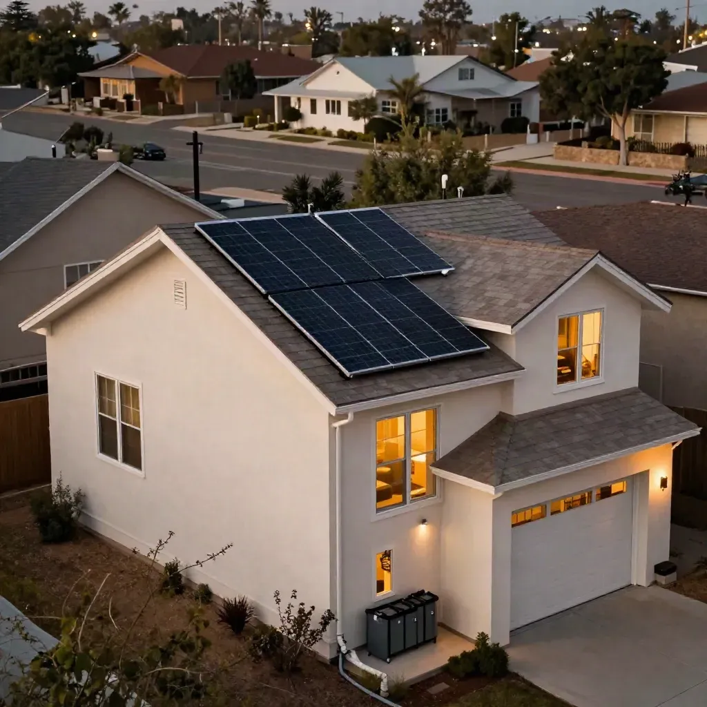 South Austin home with rooftop solar, battery cabinet, and warm lights at dusk
