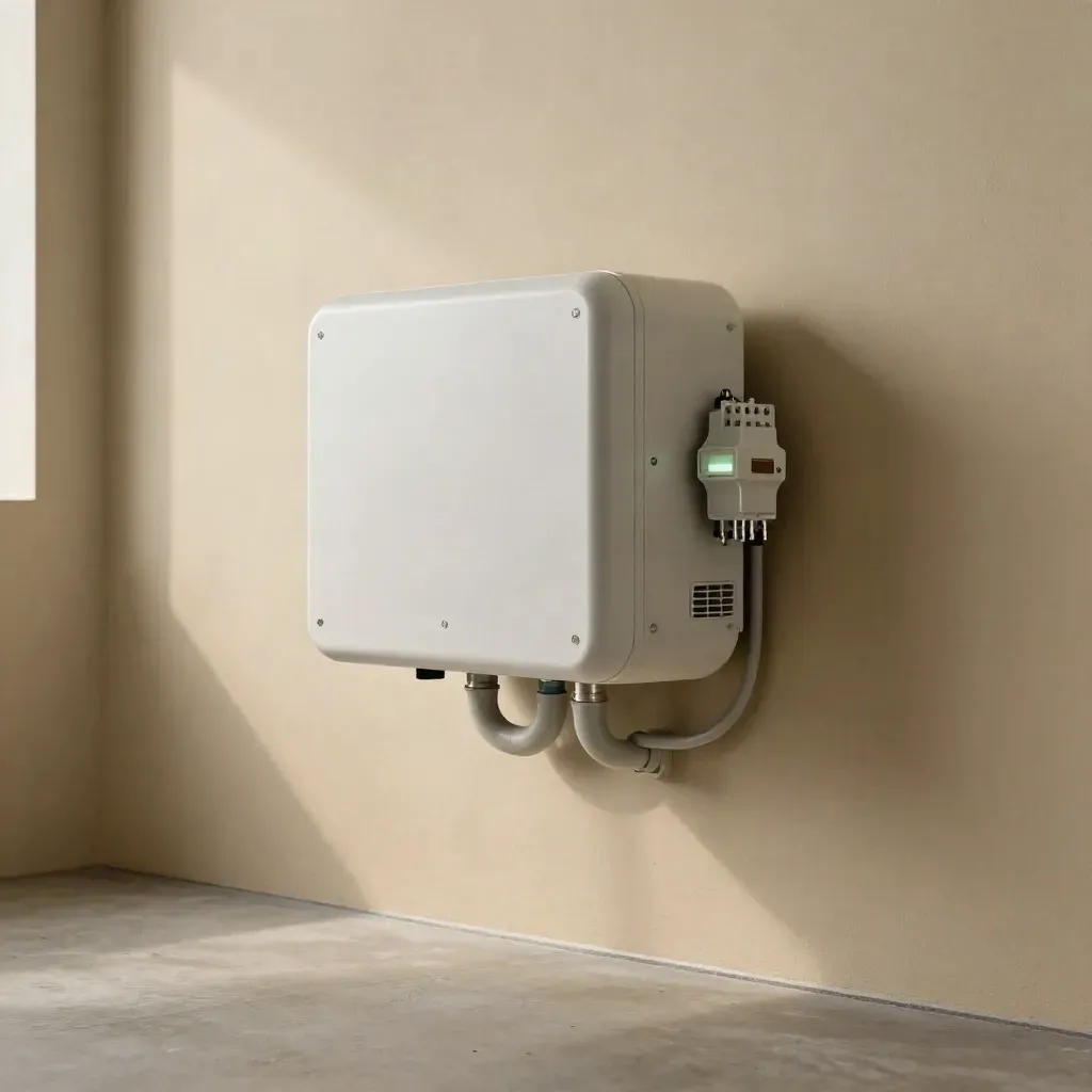 Wall-mounted inverter with monitoring hub and tidy conduit in a utility room