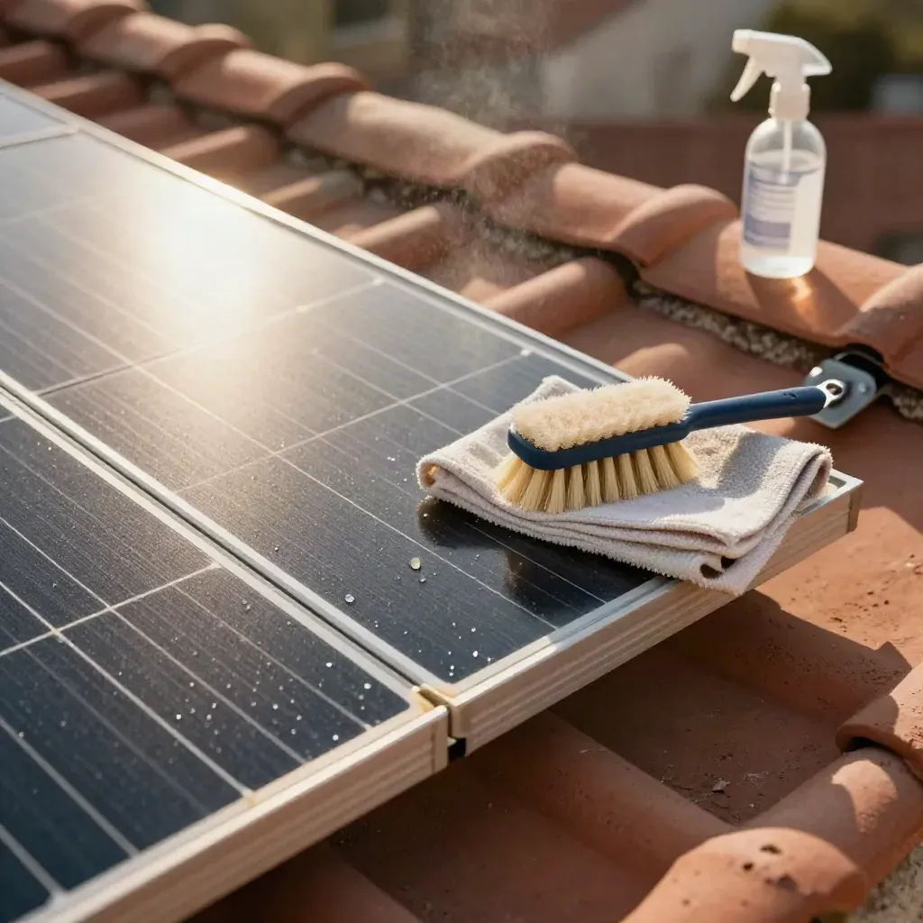 Solar panel maintenance tools beside freshly rinsed panels on a warm roof.