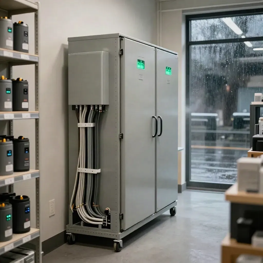Storm-lit retail back room with battery storage, power cabinet and fridges keeping the shop running.