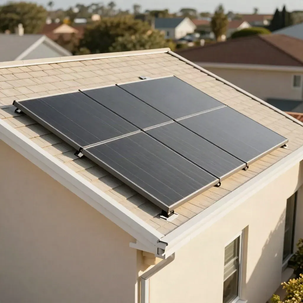 Split solar array on a tight residential roof with skylight and vents in warm sunlight