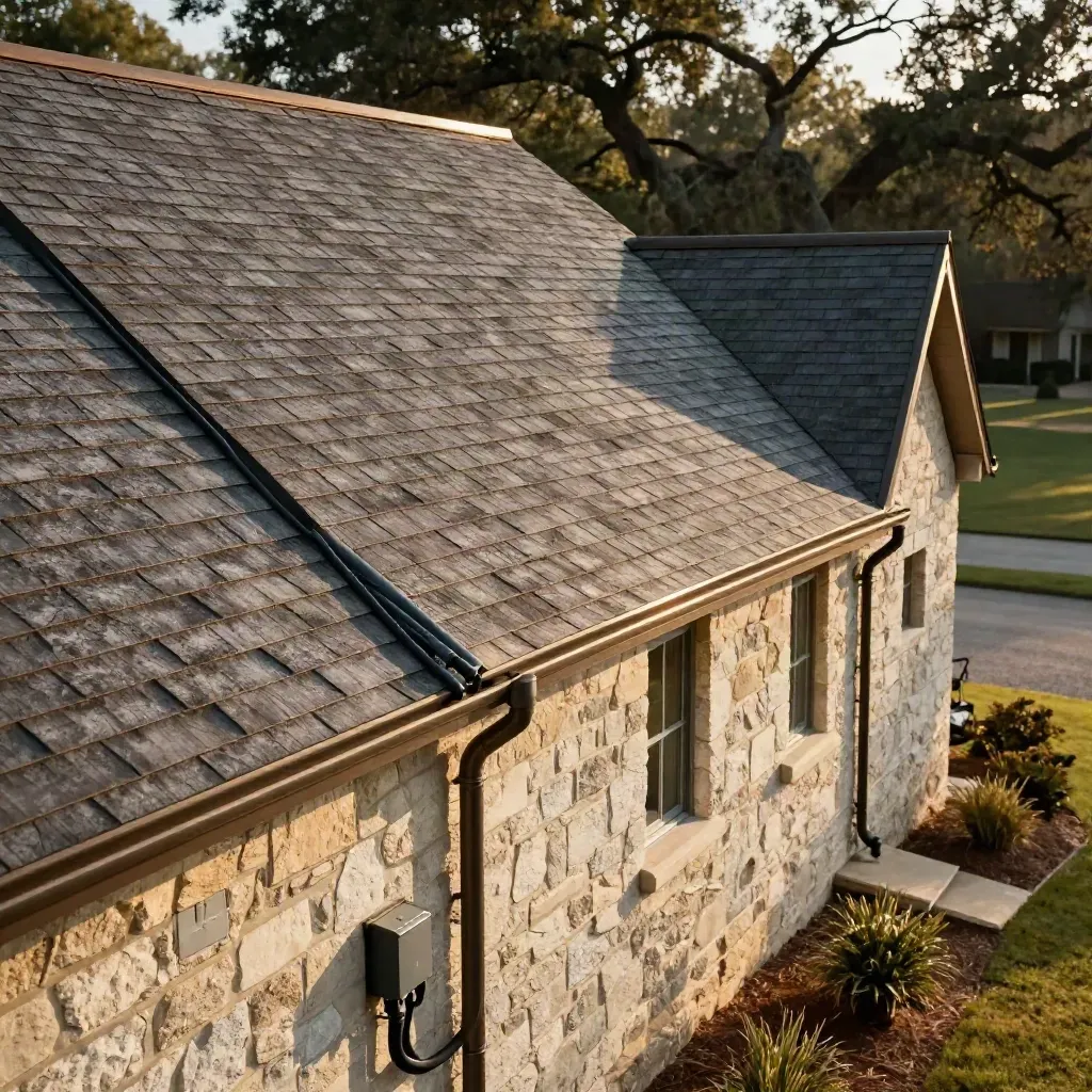 Low driveway view of a ranch roof with solar panels, sealed junction boxes and heat haze.