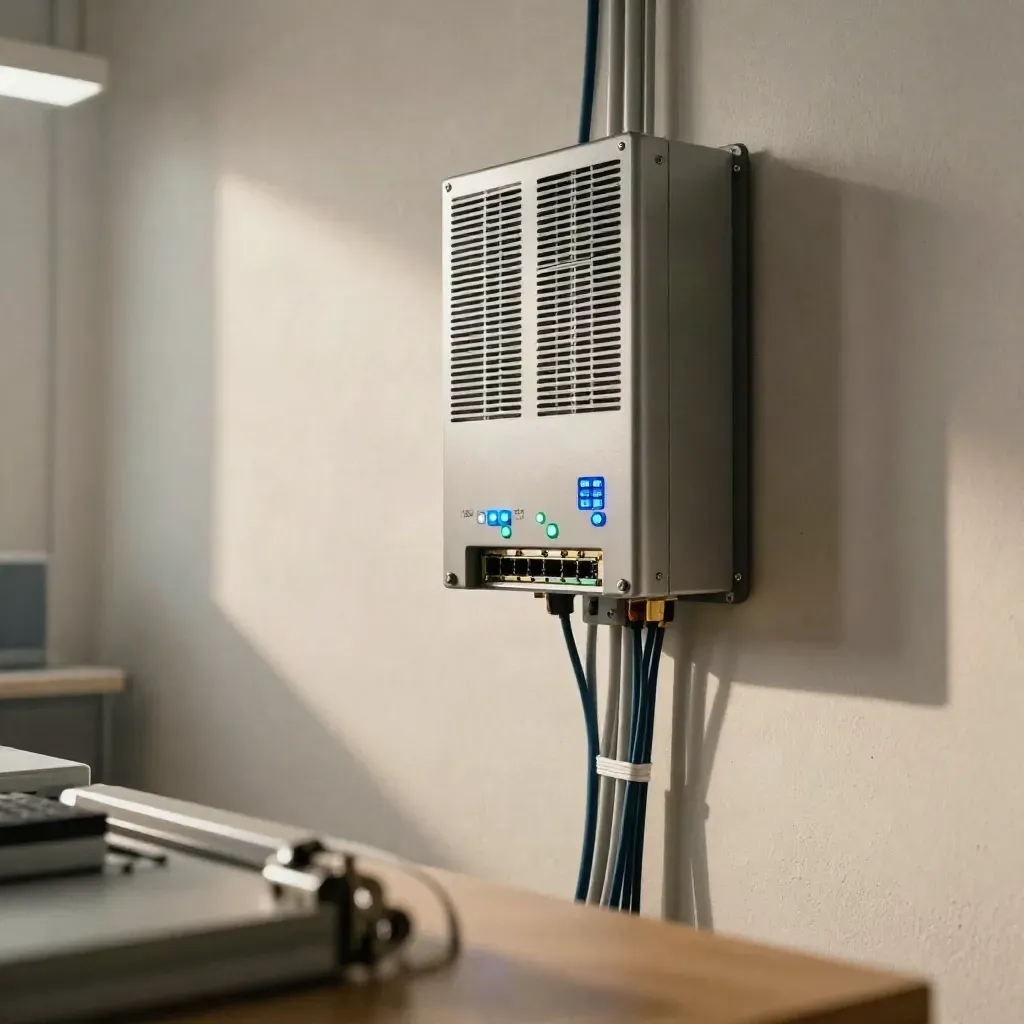 Quiet service room inverter wall with network gateway, sealed conduit and cool blue status lights.