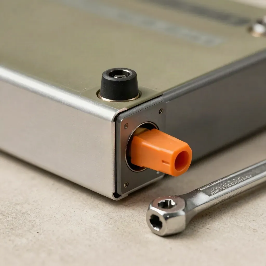 Battery module corner with torque wrench, disconnect plug and terminal boots in workshop light