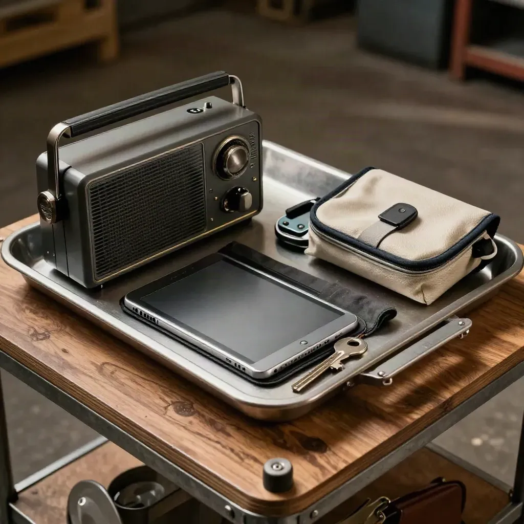 Top-down solar service tray with radio, tablet, pouch, and mounting brackets in warehouse haze.