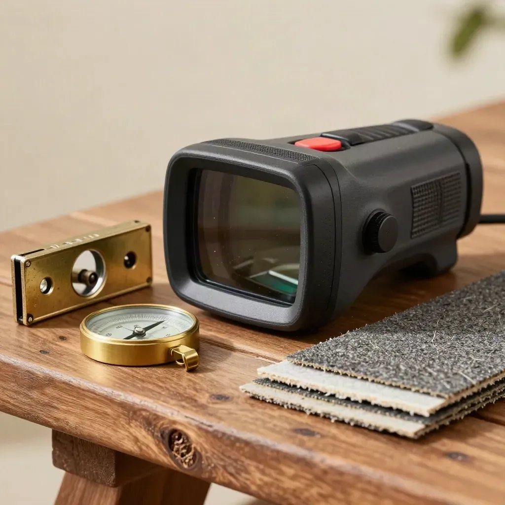 Macro solar site tools on an oak bench: thermal imager, roof pitch gauge, compass and shingle sample.