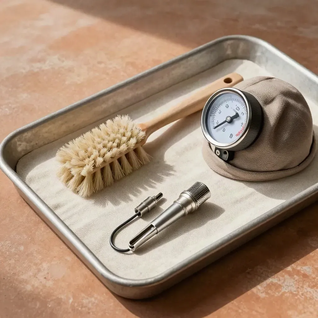 Solar service tools on a linen-lined tray, overhead on terracotta clay.