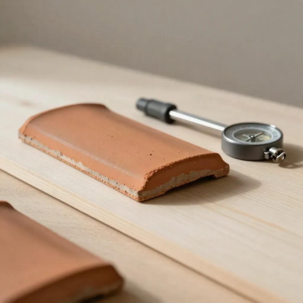 Roof tile sample, shade gauge, and site compass on pale wood in soft daylight.