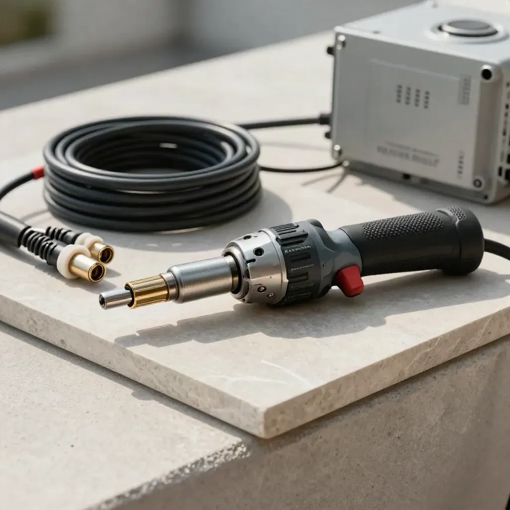 Torque driver, MC4 connector pair and commissioning plug on a stone tray with rooftop solar gear.