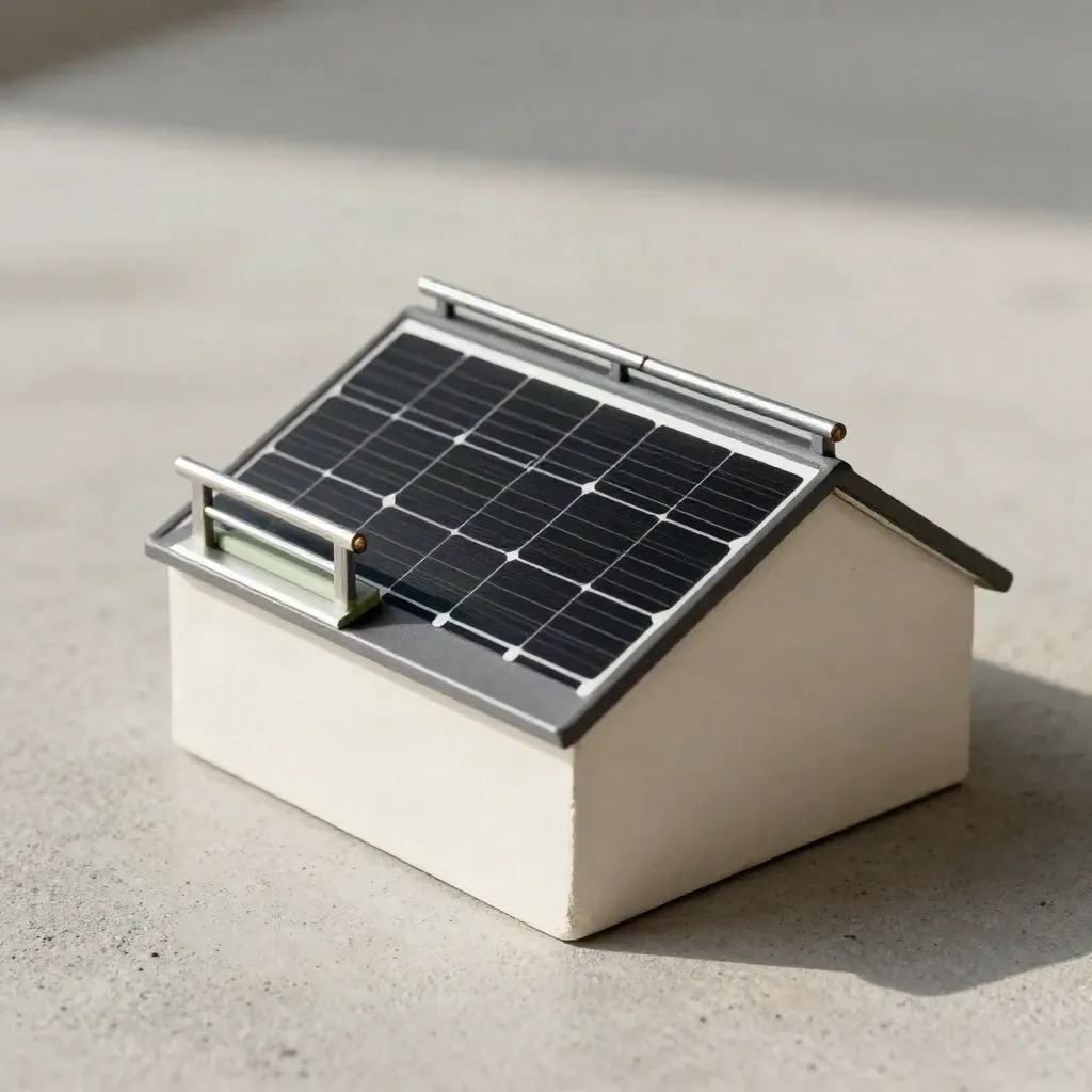 Mini roof mockup with solar panel cards and aluminum rails on concrete