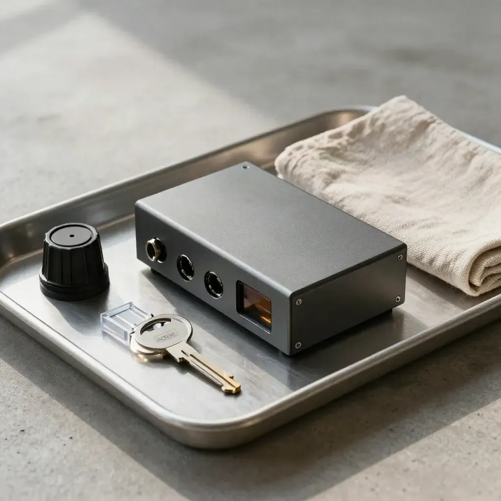 Solar monitoring gateway with service key ring, fuse, connector cap, and linen cloth on a metal tray.