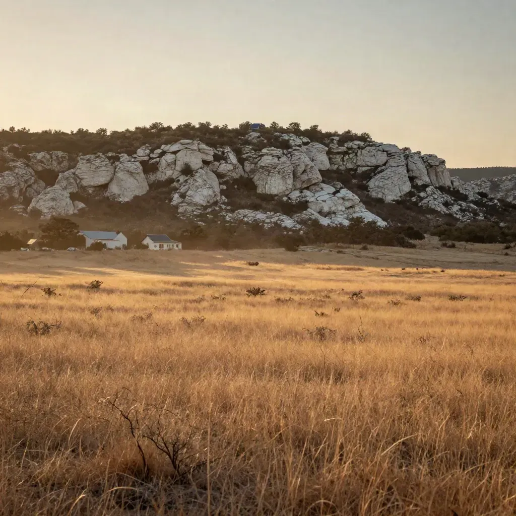 Hazy Central Texas plain with limestone ridge, ranch roofs and a distant solar array