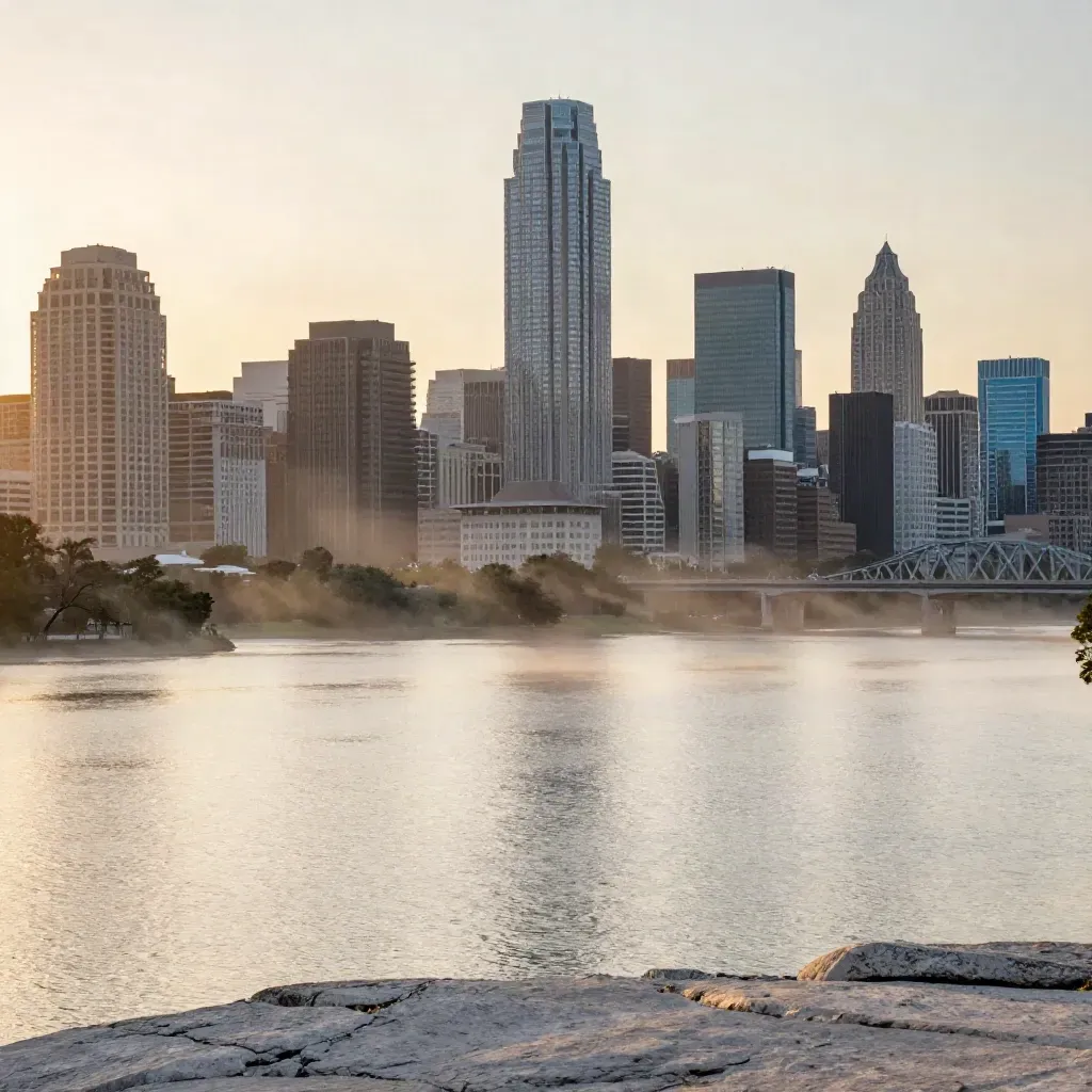 Hazy Greater Austin skyline over still water with bridge lines at warm dusk.