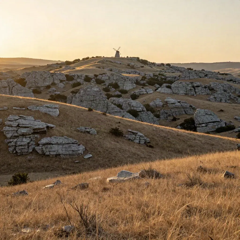 Golden Hill Country landscape with ridge, cedar slopes, and windmill at dusk.