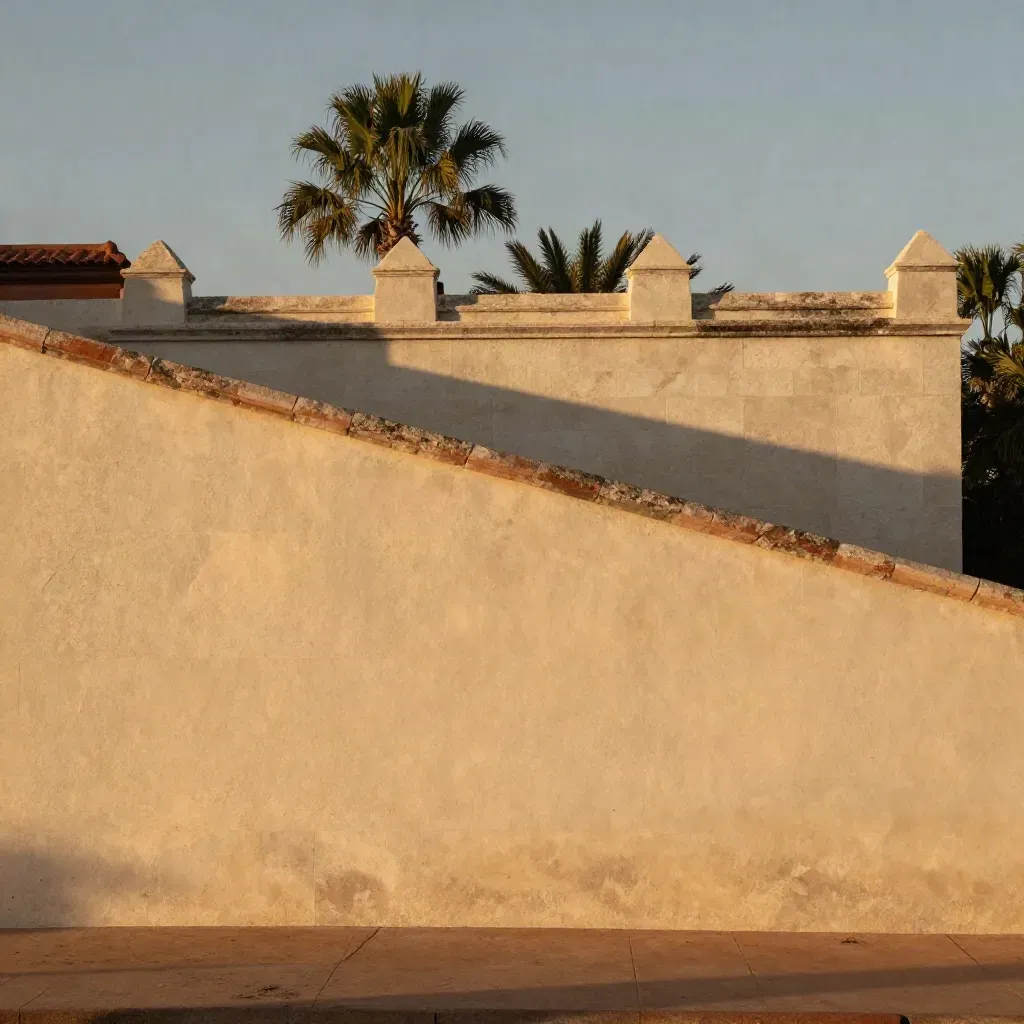 Sunlit limestone mission wall and palm skyline over calm sandy foreground