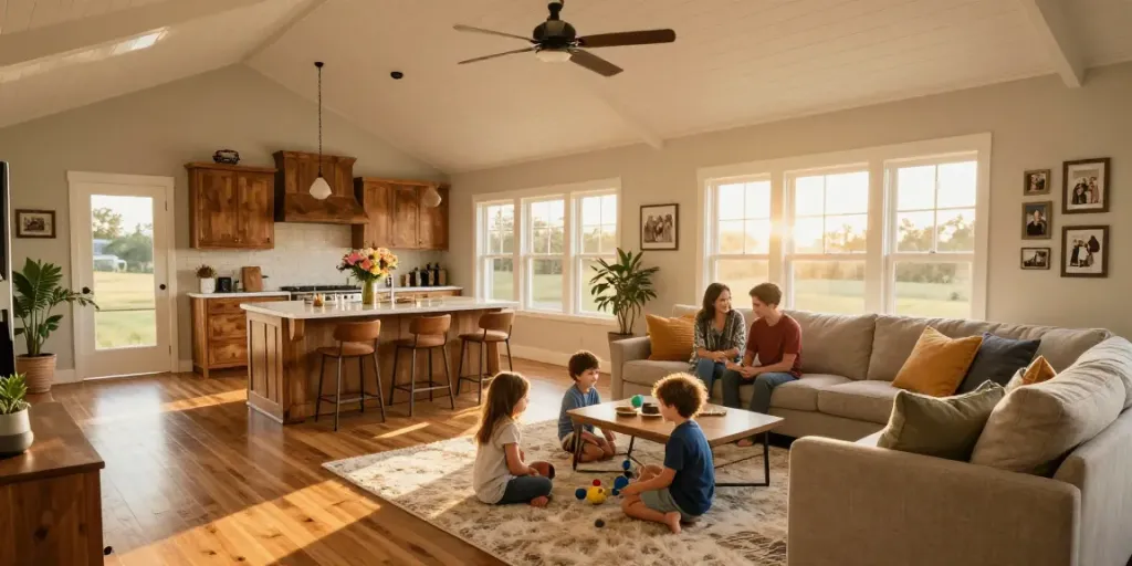 Warm barndominium living room with family enjoying togetherness, highlighting BM2500 design.