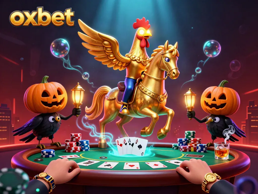 Experience the excitement of playing at oxbet casino with vibrant golden rooster characters and dynamic poker tables.