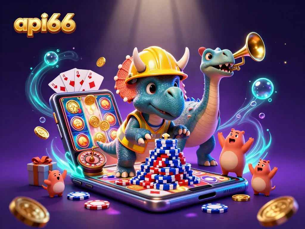 Join the excitement at api66 as a triceratops builds a poker chip tower amidst thrilling casino games!