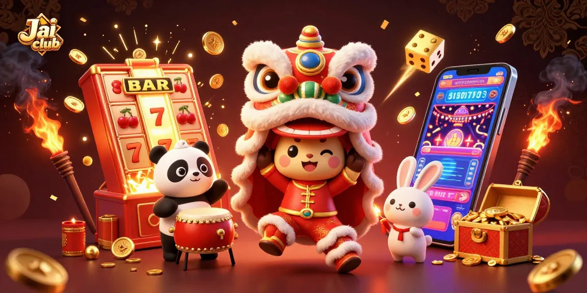 Experience the Jai club excitement with a colorful lion dance and jackpot win scene.
