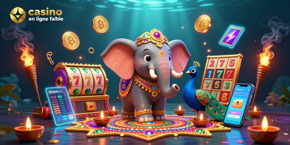 Illustration dynamique représentant un éléphant décoré de manière élaborée pour "casino en ligne fiable" avec des éléments de jeux d'argent.