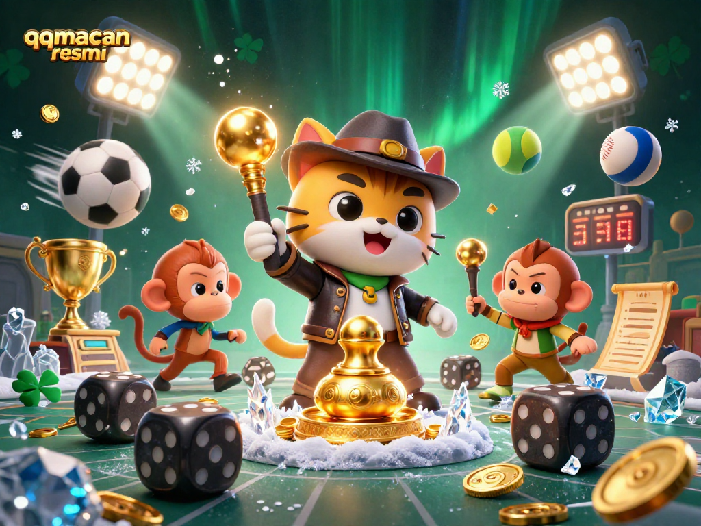 Explore the thrilling world of qqmacan resmi with dynamic sports and casino elements in a vibrant 3D illustration.