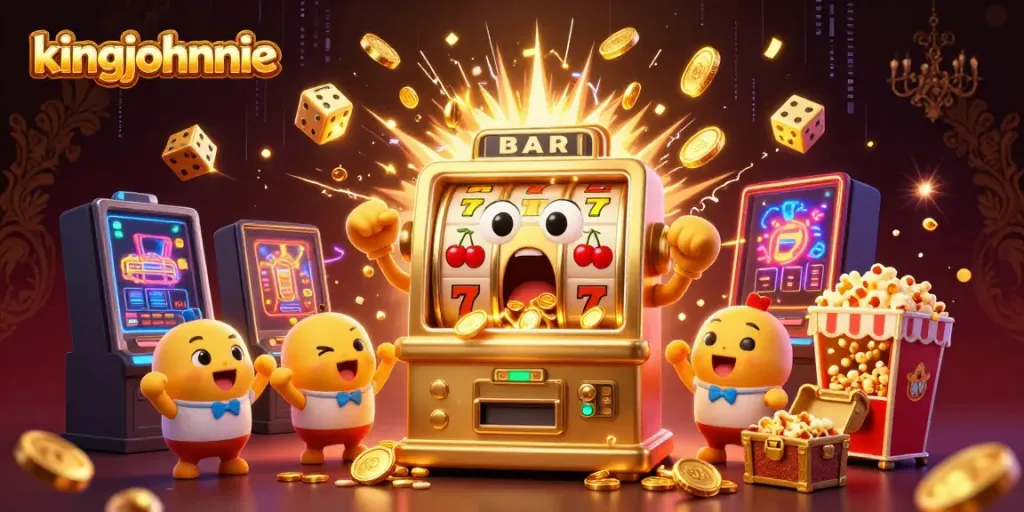 Spin to win at kingjohnnie with animated slot machines celebrating a jackpot!
