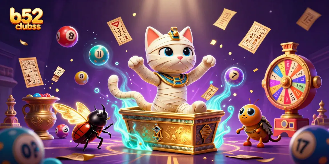 Experience thrilling gaming at b52clubss with a mummy cat and vibrant casino elements in a dynamic scene.